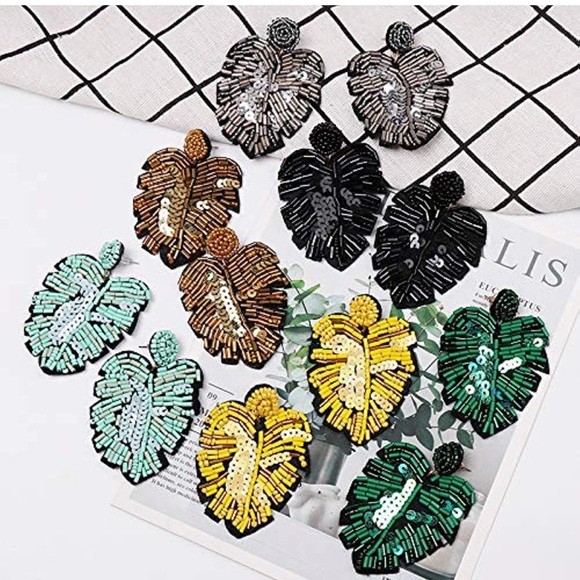 Sequin beaded bohemian leaf statement earrings! NWOT! - Picture 5 of 6